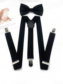 1 Set Men's Black Casual Bow Tie Suspender Set, Suspender Pants Clip - Black - View 1