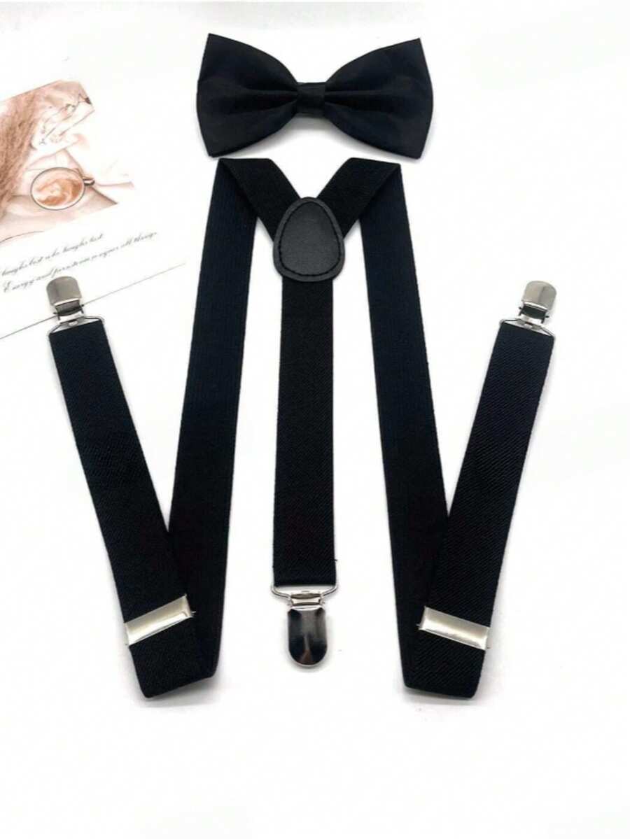 1 Set Men's Black Casual Bow Tie Suspender Set, Suspender Pants Clip - Black - View 1