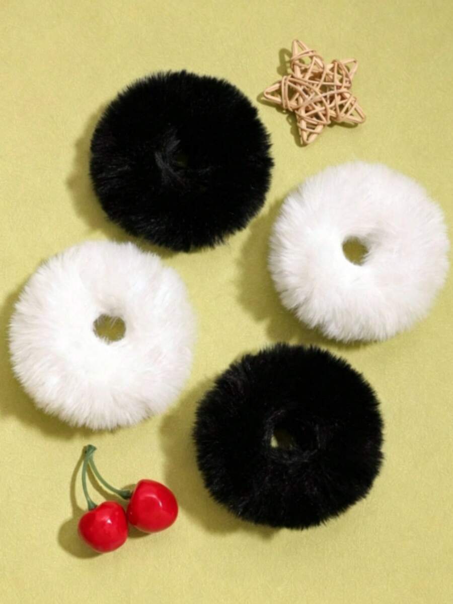 2pcs Black And 2pcs White Plush Headbands, Hair Hoops, Faux Fur Headbands, Hair Accessories - 2 Black + 2 White - View 1