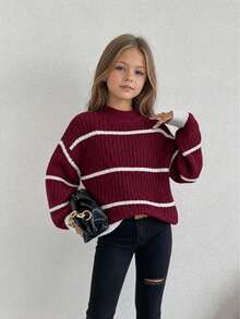 1pc Teen Girls Half-High Neck Knitted Sweater, Burgundy And White Color Block Horizontal Stripes, Chunky Knit Lantern Long Sleeve Loose Fit, Spring/Autumn Vintage Versatile Solid Color Striped Base Layer Kids Clothing - Red - View 2