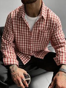 GloMan Men's Red Plaid Button-Up Long Sleeve Shirt With Chest Pocket, Warm For Autumn, Suitable For Office Commute, Family Gathering, Business, Party, Gift For Husband/Father - Red - View 4