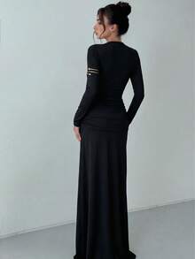 Women's Solid Color Long Sleeve Knitted Ruched Elegant Vintage Sexy Commute Party Autumn/Winter Dress - Black - View 4