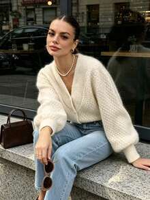 Women's Round Neck Solid Color Knit Cardigan - Long Sleeve, Single-Breasted - French Elegant Vintage Street Old Money Style Autumn/Winter White Fall - White - View 3