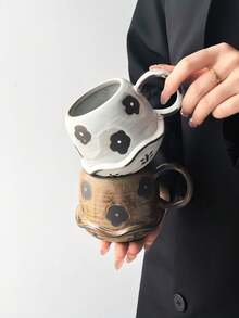 1pc Vintage Coarse Ceramic Coffee Mug, Retro Distressed Wabi-Sabi Style Artistic Mug, Asymmetrical Ruffled Edge & Rust Floral Pattern, Unique Creative Design, Fun Cup, Ceramic - Multi-Functional Dishwasher - Multicolor - View 12