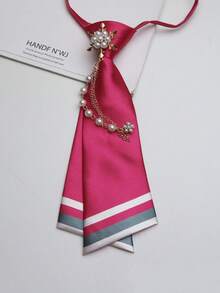 1pc Women's Fashion Luxury Faux Pearl Flower Shaped & Metal Chain Decor Tie, Personalized Street Style Striped Patchwork Double-Layer Adjustable Tie, Suitable For Daily, Office, Campus, Party, Evening, And Stage Wear, All Seasons - Multicolor - View 18