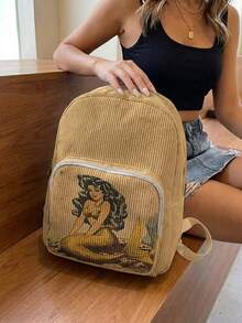 1 Piece Backpack, Women's Mini Backpack, Corduroy Girl School Bag, Travel Storage Bag, Mermaid Printed Design, Large‑Capacity Foldable Easy‑To‑Store Bag, Lightweight & Pressure‑Relieving, Multi‑Pocket Layered Design With Zipper Closure - Cartoon Mermaid 3333589 - View 4