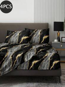 4-Piece Black Marble Pattern Bed Sheet Set, Includes 1 Fitted Sheet, 1 Flat Sheet And 2 Pillowcases, Pillow Inserts Not Included. Fitted Sheet Set, Available Sizes: King, Queen, Full, Twin. Deep Pocket Design, Fits Up To 11.8 Inch Mattress. Soft And Breathable, Wrinkle-Resistant - Black - View 2