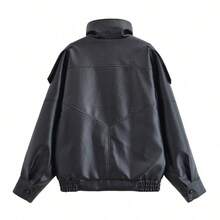 Vintage Oversized High Neck Faux Leather Jacket For Women, Casual Street Style Autumn/Winter Outerwear Black Fall - Black - View 11