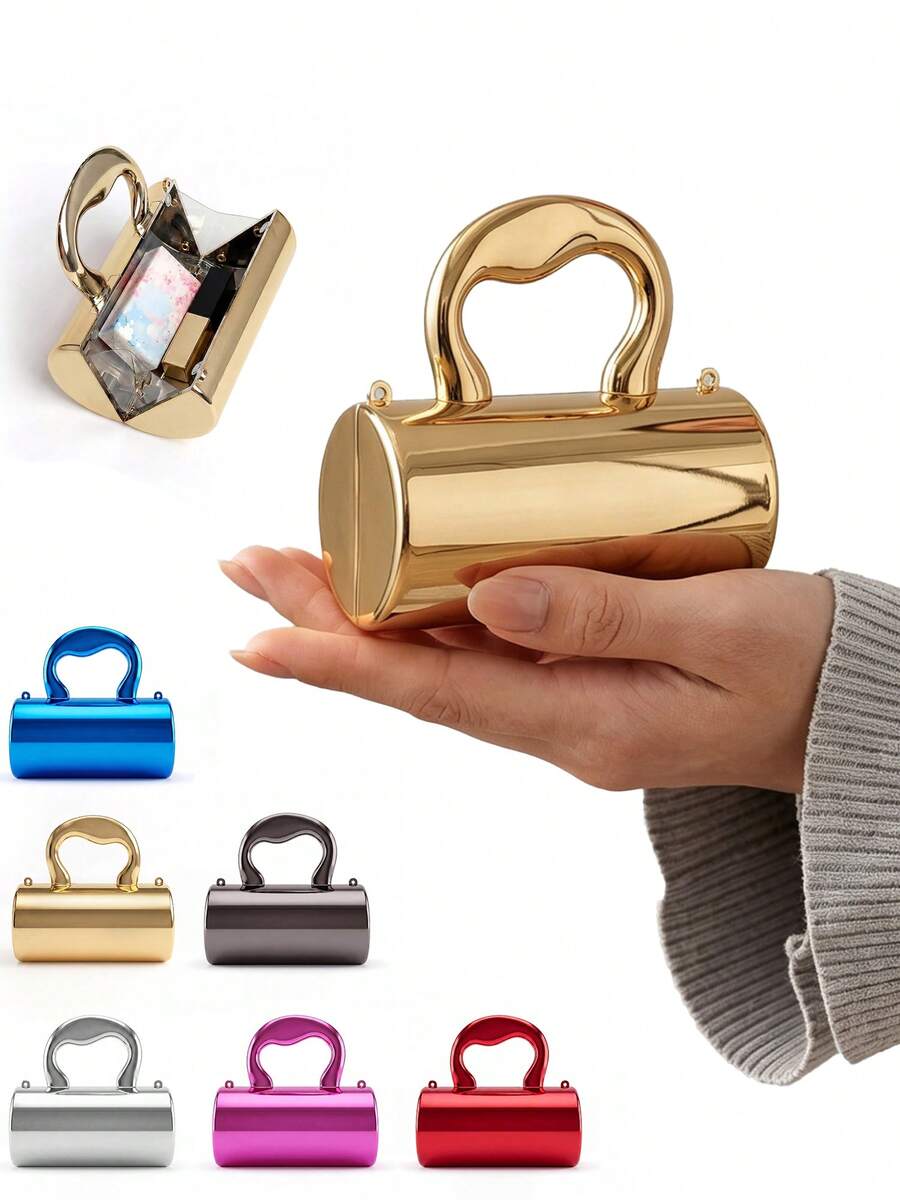 MIYIN Fashion Mirror Metallic Cylinder Hard Shell Clutch, Creative Heart‑Shaped Handle Design, With Chain Strap Crossbody Evening Bag For Wedding Banquet - Multicolor - View 1