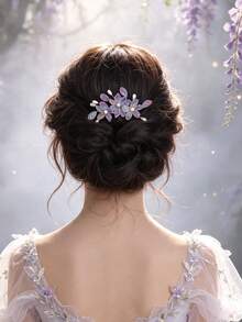 3pcs Bohemian Style Purple-Blue Gradient Floral Hair Combs With Rhinestone Flowers And Pearls, Bridal Back Head Hair Accessories - Multicolor - View 1