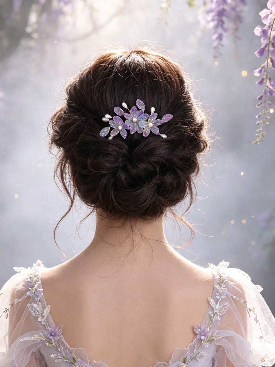 3pcs Bohemian Style Purple-Blue Gradient Floral Hair Combs With Rhinestone Flowers And Pearls, Bridal Back Head Hair Accessories - Multicolor - View 1