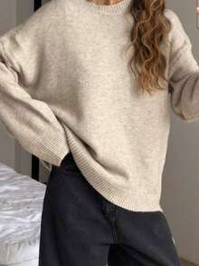 Women's New Autumn/Winter Solid Color Round Neck Drop Shoulder Long Sleeve Knit Sweater, Suitable For Daily Wear And Commuting, Casual Style - Fog Gray - View 2
