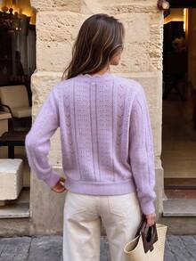 Cardigan Rajut Wanita Warna Ungu Muda, Tepi Bergelombang, Leher V, Tekstur Berongga, Kancing Mutiara, Lengan Panjang, Jaket Rajut, Musim Gugur - Mauve Purple - View 4