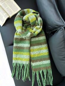 1pc Plaid Warm Decorative Tassel Scarf Suitable For Daily Use - Forest Green - View 3