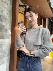 [Y6Y] Sweater Rajut Wanita Kerah Semi-Tinggi dengan Ikatan Depan, Atasan Pullover Lembut & Hangat untuk Musim Gugur/Musim Dingin, Gaya Elegan - Grey - View 4