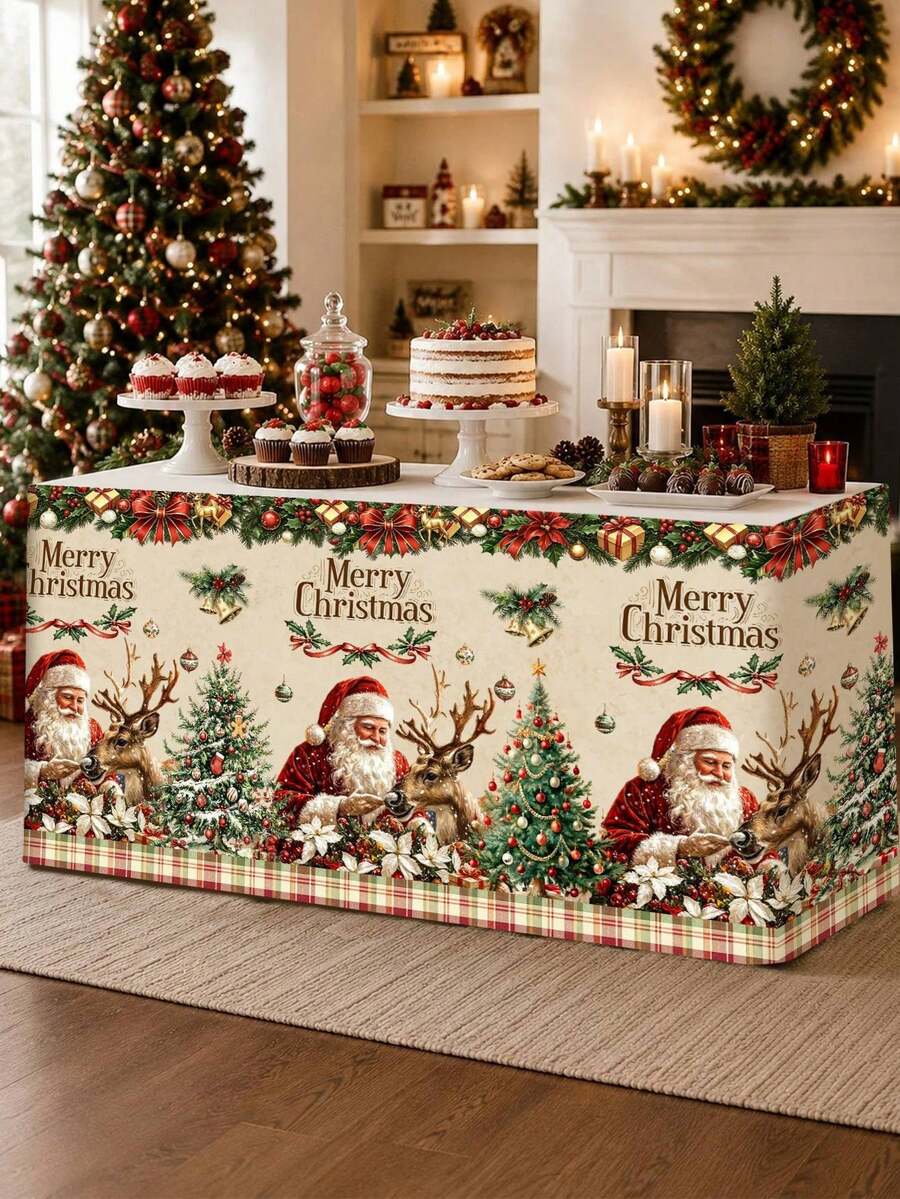 1pc Christmas Table Skirt, Vintage Santa Claus Reindeer Xmas Tree Polyester Rectangle Table Cover 5 Hook-And-Loop Fasteners Xmas Tablecloth Festive Winter Holiday Kitchen Dining Table Decor Christmas Decorations For Home, Dessert Table, Cabinet Decor - Santa Claus Elk - View 1
