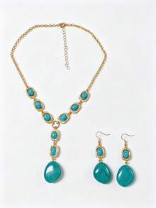 3pcs/Set Women's Vintage Luxury Style Jewelry Set, Faux Stone Texture Plate With Metal Trim Detail Decoration, Y-Shaped Necklace And Earrings Combination, Suitable For Business Banquet, Vacation, Date And Other Holiday Occasions - Geometric Circle - View 9