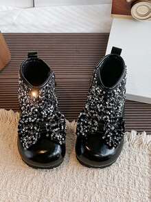 Girls' Silver Sequin Ankle Boots Princess Boots - Black - View 3