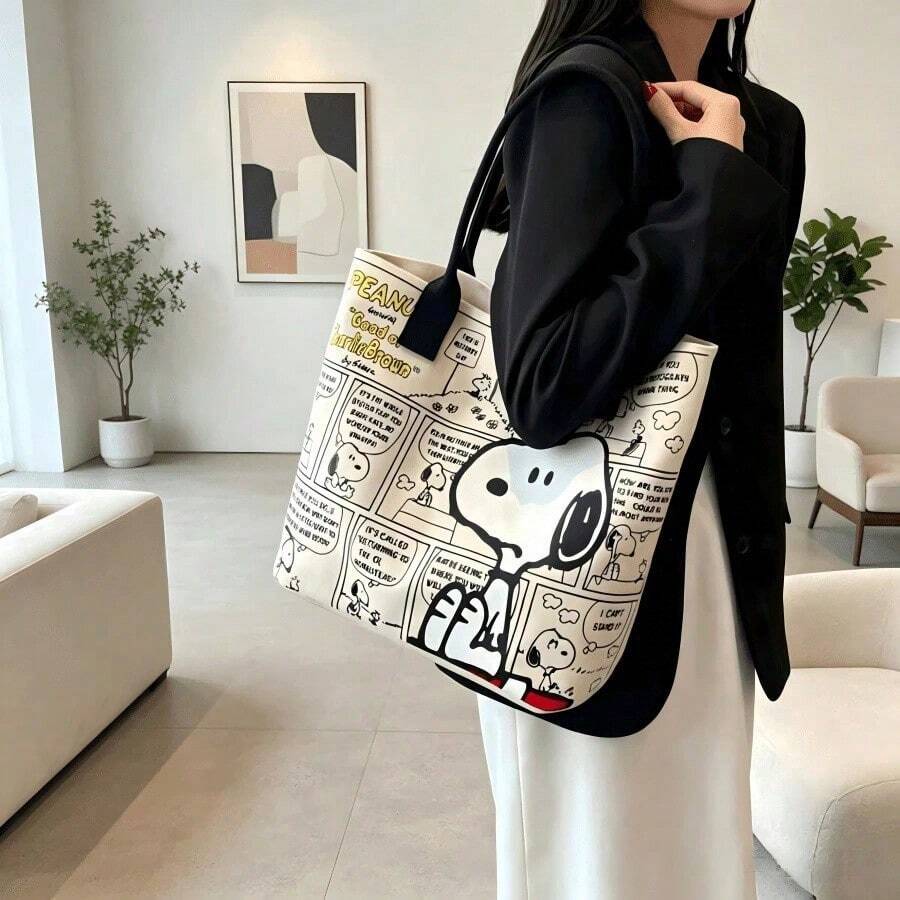 1 pièce Sac fourre-tout en canevas avec imprimé de bande dessinée Snoopy, sac à bandoulière grande capacité, sac à main décontracté pour le trajet quotidien et l'école, cadeau parfait pour l'anniversaire, la Saint-Valentin, la rentrée scolaire et la remise des diplômes - E - Voir 1