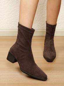 1 Pair Women's Fashion Solid Color Velvet-Feel Sexy Mid-Calf Boots, Versatile Comfortable Slouchy Leg Boots - Brown - View 1