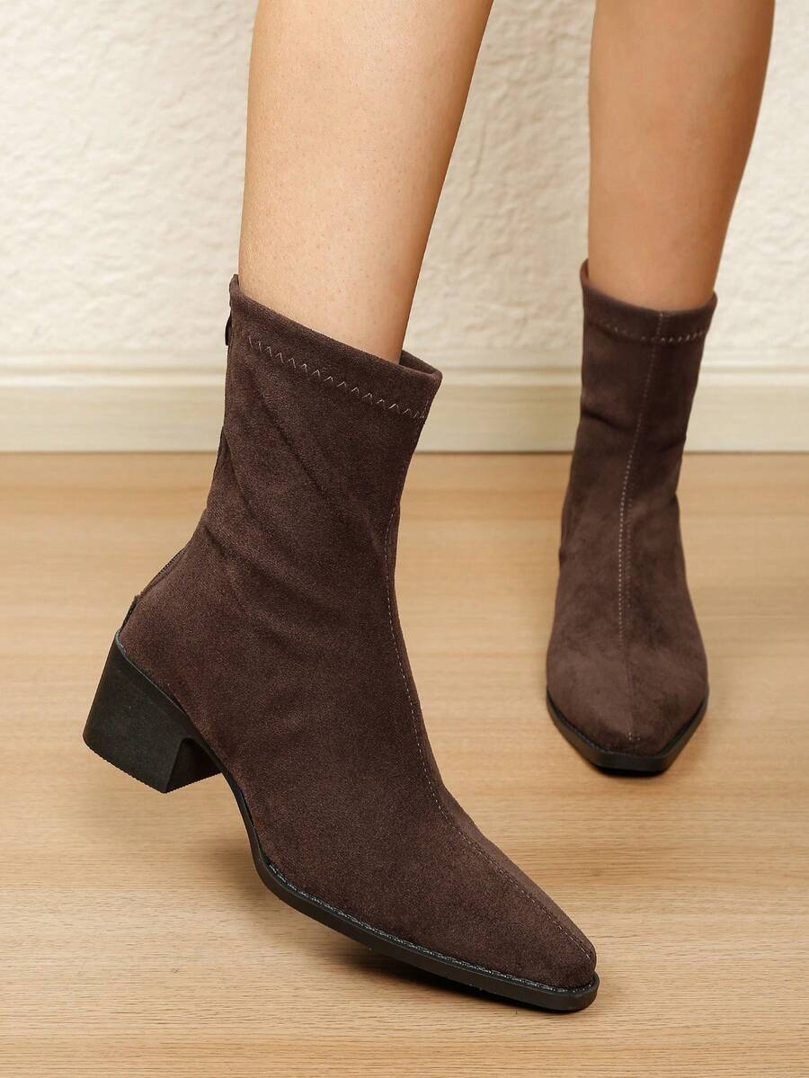 1 Pair Women's Fashion Solid Color Velvet-Feel Sexy Mid-Calf Boots, Versatile Comfortable Slouchy Leg Boots - Brown - View 1