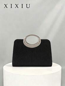 Women's Evening Clutch Bag, Ruched Solid Color Pattern, Satin Fabric, Rhinestone Metal Ring Handle, Elegant & Luxurious, Suitable For Wedding, Party, Banquet, Dance - Black - View 9