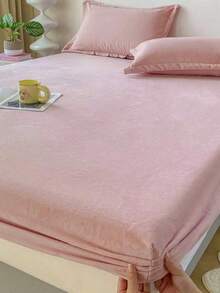3-Piece Solid Color Velvet Bedding Set, 1 Fitted Sheet + 2 Pillowcases, Soft & Warm Winter Fitted Sheet - Baby Pink - View 7