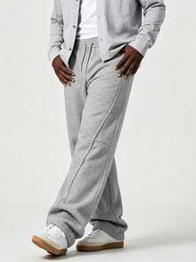 mulinsen Men's Solid Color Drawstring Elastic High Waist Split Wide Leg Floor Length Sweatpants, Heavyweight Fleece Fabric, 3D Multi-Panel Split Design With Contrast Stitching, Japanese Style, Casual Long Pants For Commute, Travel, Daily Wear - Grey - View 9