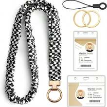 1 Set - Elastic Scrunchie Print Lanyard, Comfortable Soft Fabric Strap, Includes ID Badge Clip, Key Ring, Phone Strap, Suitable For Teachers, Students, Nurses, Outdoor Commute Versatile Accessory - C-multicolor - View 11