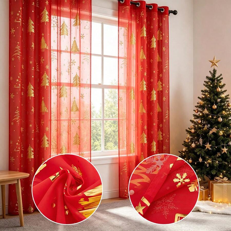 1 Panel Red Christmas Curtain, Christmas Tree & Snowflake Gold Foil Print Pattern Transparent Window Curtain, Light Filtering Window Decor, Suitable For Christmas Living Room, Bedroom, Door Curtain, Window Sheer - Red - View 1