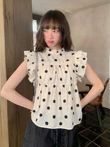Sweet Polka Dot Cap Sleeve Blouse, Summer Unique Design Frill Trim Loose Casual Top For Women - Apricot - View 1