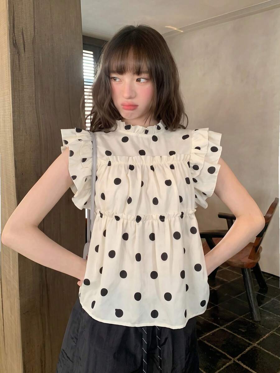 Sweet Polka Dot Cap Sleeve Blouse, Summer Unique Design Frill Trim Loose Casual Top For Women - Apricot - View 1
