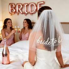 Bride To Be Sash And Veil White For Bachelorette Party Pearl 2 Tier Veil & BRIDE Pearl Sash - White - View 5