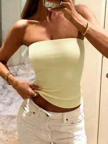 Women's Plus Size Summer Sexy Fitted Knit Tube Top Solid Color Yellow - Yellow - View 11