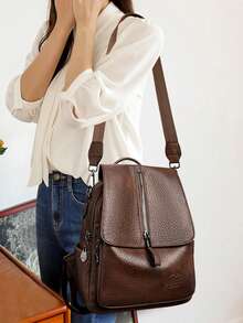 New Large Capacity Color Blocked Backpack High-Quality Soft PU Leather Shoulder Bag Fashionable Avant-Garde Women's Bookpack - Coffee - View 12