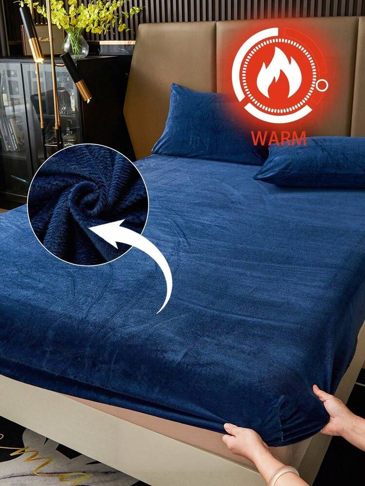 1pc Navy Blue Velvet Fitted Sheet, Warm And Soft, Solid Color