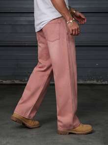BLACKTOEXIT Spring/Autumn Men's & Women's High Street Sweet Cool Pink Loose Fit Versatile Denim Straight Leg Pants Fashionable Long Pants - Pink - View 2