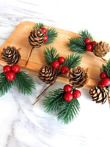20/10/1pc Christmas Pine Cone Berry Picks, Artificial Pine Branches With Red Berries, Rustic Holiday Floral Arrangements For Christmas Tree, Wreath & Home Decor - Multicolor - View 6