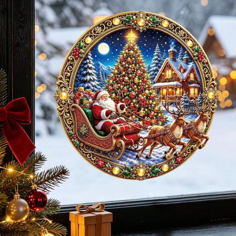 1pc Vintage Round Santa Claus Reindeer Sleigh Static Window Sticker, Christmas Tree Snow Scene Window Decoration Sticker, Christmas Decor, Glass Window Sticker, Christmas Gift - Multicolor - View 1