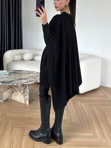 Elegant Women's Long Loose Black Knitted Wool Poncho Cardigan, Long Sleeve Asymmetric Design, Overlapping Collar, Suitable For Autumn/Winter (Belt Not Included) - Black - View 4