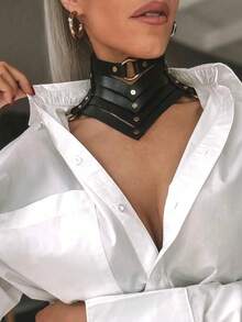 1件女款PU鉚釘頸圈項鍊，哥德龐克風頸飾，節日萬聖節配件 - 黑色 - 查看 1