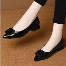 High Heel Pumps, Commuter Thick Heel Low Vamp Shoes, Pointed Toe Patent Leather Shiny Work Shoes, Square Buckle Mid Heel Formal Work Shoes - Black - View 2