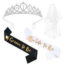4pcs Bachelorette Party Decorations, Bride & Groom Sash, Crown/Tiara, Veil, Engagement Party Accessories, Bridal Shower Gift - Multicolor - View 2