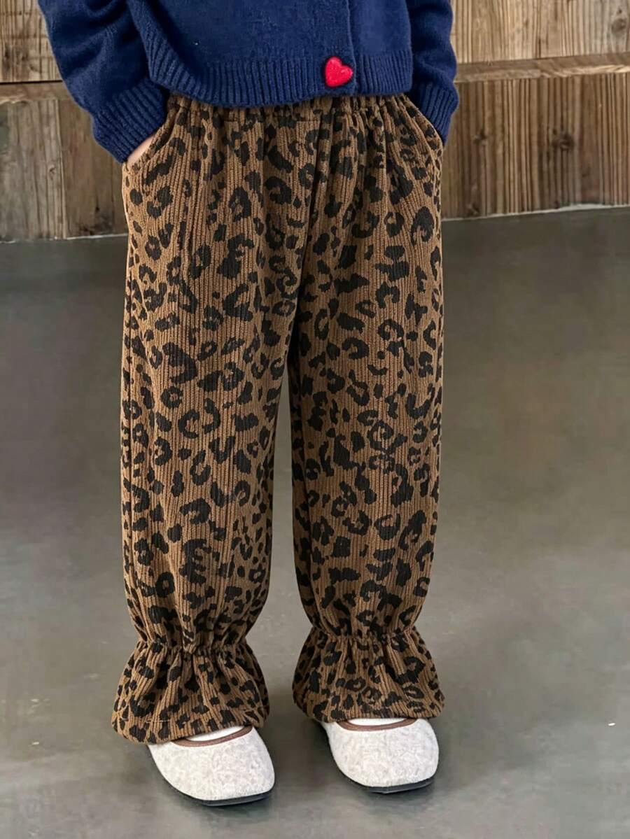 1pc Autumn/Winter 3-7Y Girls Corduroy Ditsy Floral Long Pants, Suitable For Daily Wear, Student Casual, Fashionable And Cute - Brown - View 1
