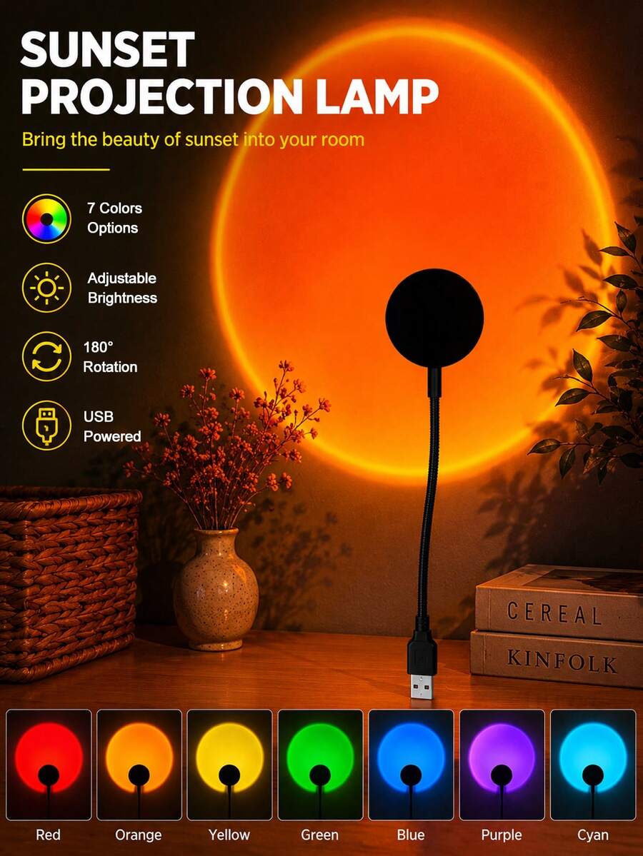 7-Color Adjustable LED Sunset Lamp USB Plug & Play 360° Rotatable Sunset Atmosphere Light Sunset Glow Light Suitable For Walls, Ceilings, Feature Walls, Mini Portable, Perfect For Festivals, Parties And Gatherings - Black - View 1