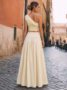 Elio Closet Women's Elegant Solid Color Fitted Summer Two Pieces Set, Minimalist Versatile Cropped Asymmetric Neck Sleeveless Top, Cinched Waist Ruched A-Line Maxi Skirt, Suitable For Beach Vacation, Work Commute, Festivals, Graduation Ceremony - Apricot - View 2