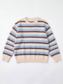 1pc Teen Girls Cream Blue & Brown Horizontal Striped Round Neck Knitted Sweater, Vintage Casual Spring/Autumn Elastic Inner Layer Top - Blue - View 3