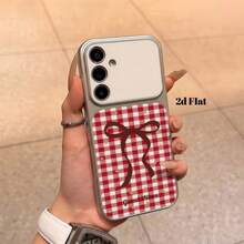 Süße rosa karierte Schleifenmuster handgefertigte Leder-Handyhülle mit Sprühbemalung, kompatibel mit GalaxyS26 S25 S24Ultra S24Plus S24FE S23 S22 A55 A54 A53 A52 A50 A30 A42 A35 A34 A33 A25 A24 A20 A30 A15 A17, Smart 8/ Hot 40i/ Spark 20/ Spark 20C/ Spark Go 2024/ G84, Honor 200 400 600 X5B X5C X6A X6B X6C X8A X8B X8C X8D X9A X9B X9C X9D, P30 P30 PRO mit faltbarem Spiegelständer - Silber - Übersicht 7