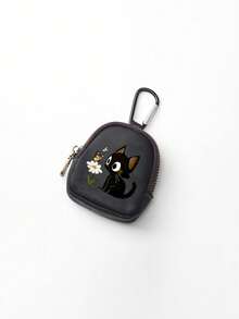 Cute Black Cat Daisy Butterfly Print Mini Zipper Coin Purse With Carabiner, Portable PU Leather Earbud Storage Bag, Small Key Card Wallet - Multicolor - View 10