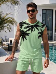 Men's Coconut Tree Pattern Sleeveless Tank Top Set, Men's Vacation Style Sleeveless Tank Top And Beach Shorts - Multicolor - View 4